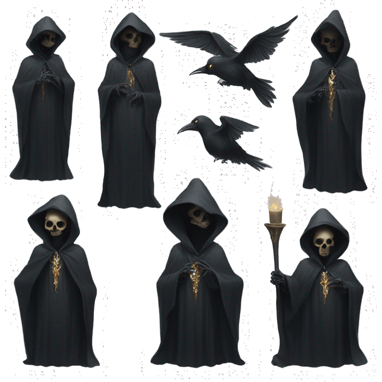 empty black crystal magical robes covered with bird skulls emoji