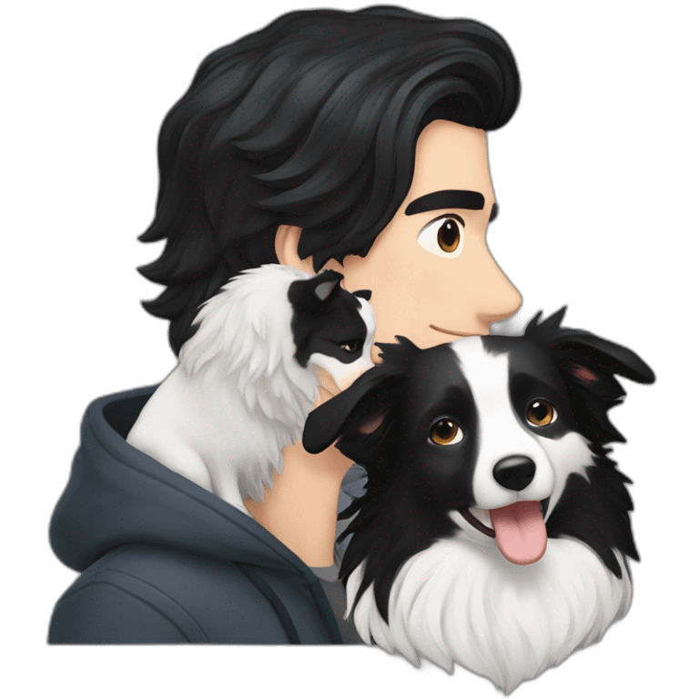 a 30 year old boy with long black hair next to a black and white border collie emoji