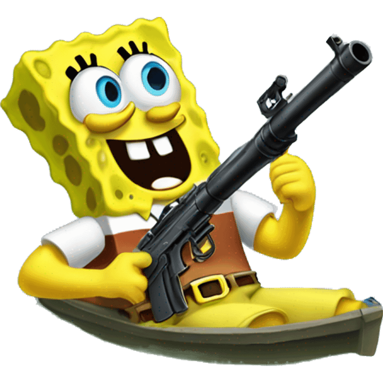 SpongeBob sitting in still water and holding a t-shirt gun emoji