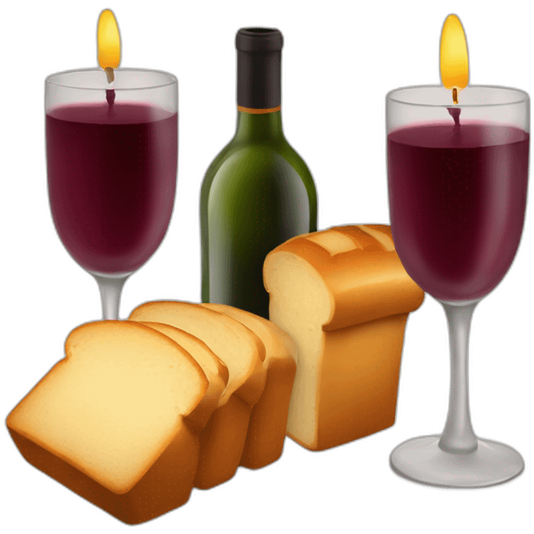 Two candles, a cup of red wine and a loaf of bread emoji