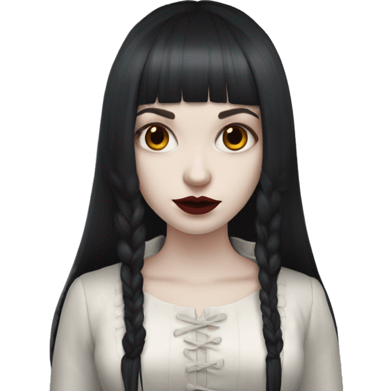 pale skinned girl with long dark red hair with fringe bangs and is in gothic outfit emoji