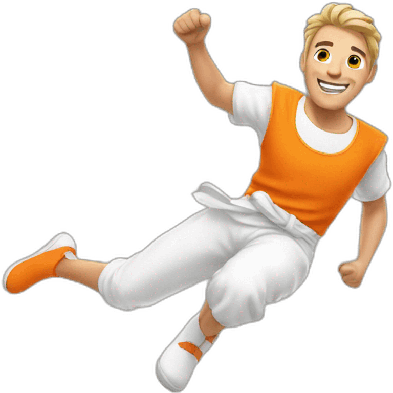 male parcour athlete in orange white cloths, captured mid-air emoji