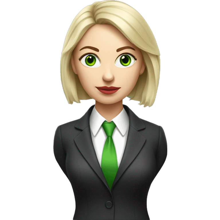 Russian woman with green eyes full length in suit photorealistic serious emoji