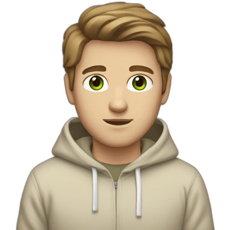 white guy in beige hoodie with brown hair and white shoes and a white gray pants and green eyes emoji