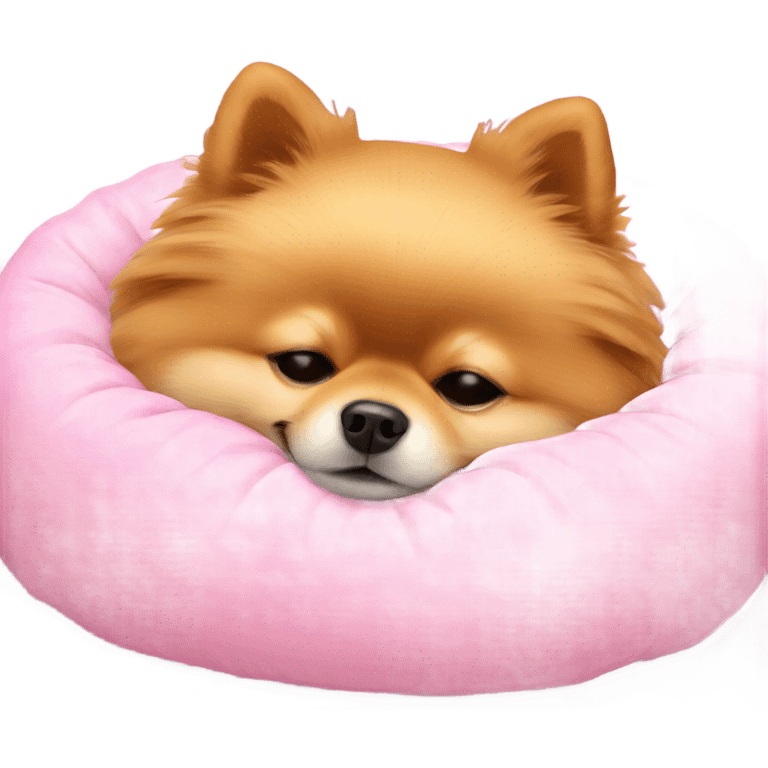 Sleeping Pomeranian in pink dog bed emoji