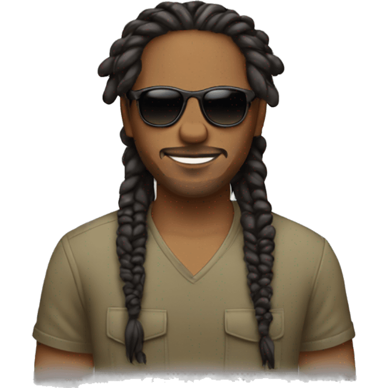 Man with locs styled into two braids going back wearing shades emoji