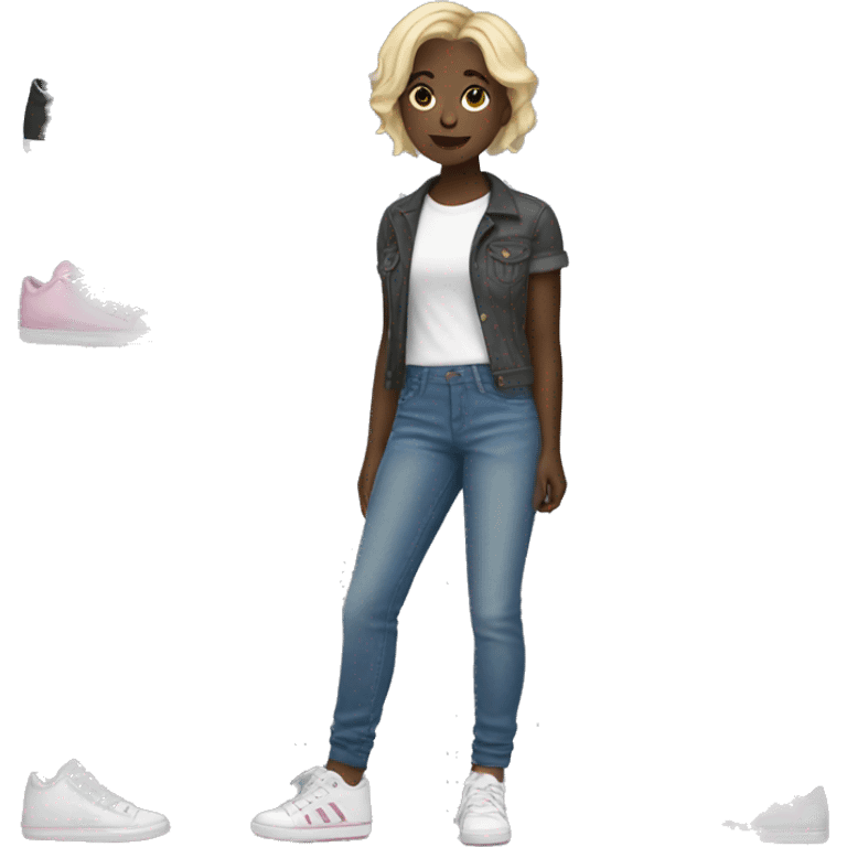 girl with dark skin and short blonde hair in jeans and sneakers emoji