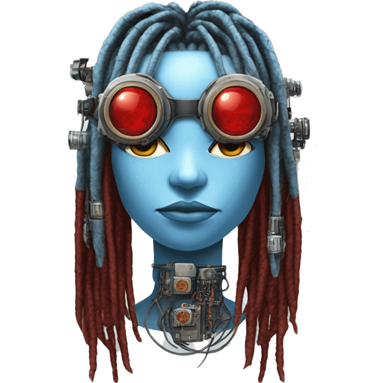 Light blue long dreadlocks female cyborg head with red steampunk goggles and circuits emoji