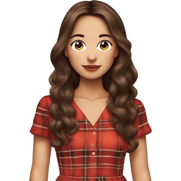 Pretty peach skin brunette woman with long hair and rosy cheeks in red plaid babydoll dress emoji