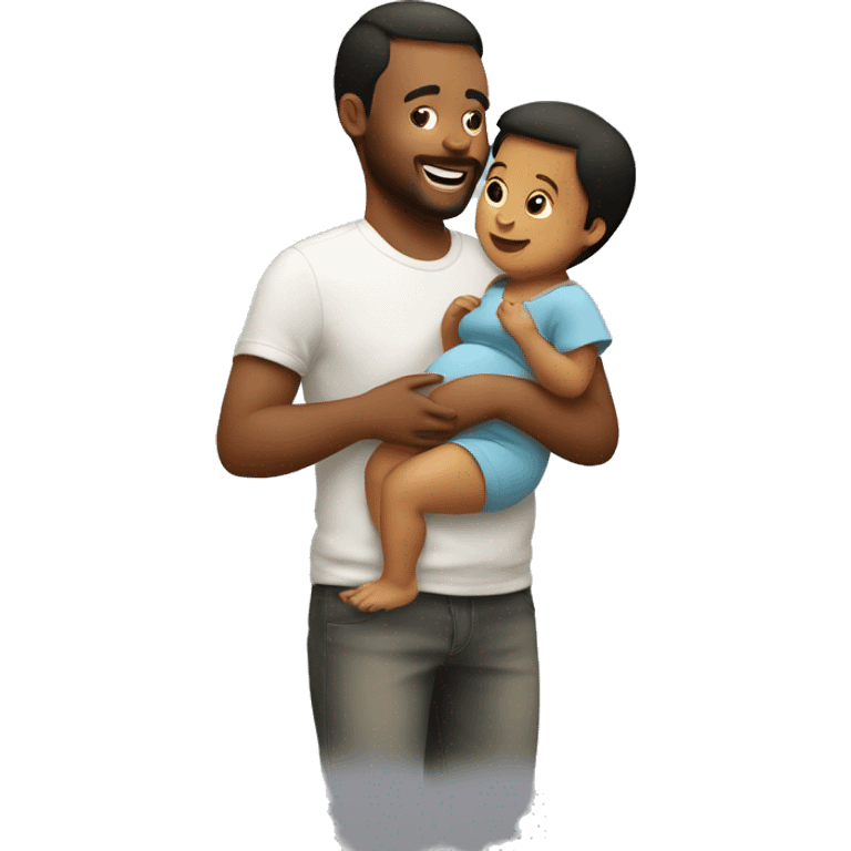 Pregnant man holding his toddler on his arms while his toddler plays with dads pregnant belly emoji