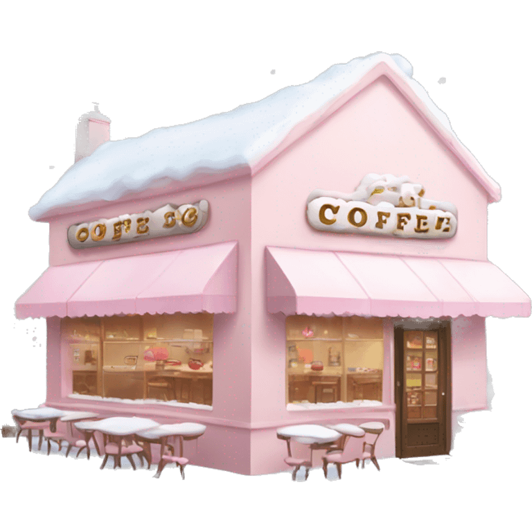 pale pink coffee shop covered in snow heart emoji