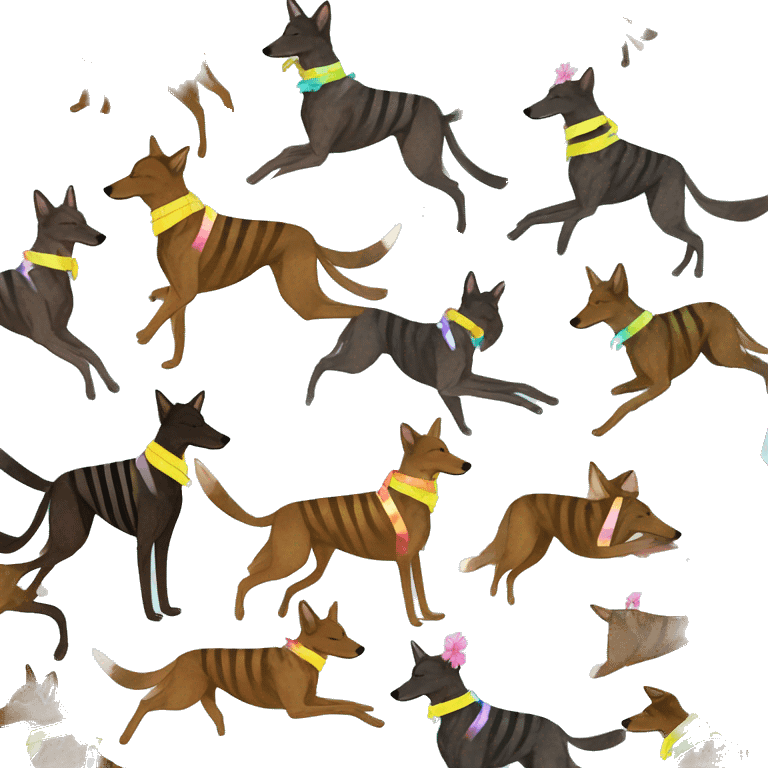  brindle brown black maroon striped lurcher Alsatian fox running blue eyes and iridescent holographic oilslick harness wearing paper iridescent tropical flower crown yellow caution tape emoji