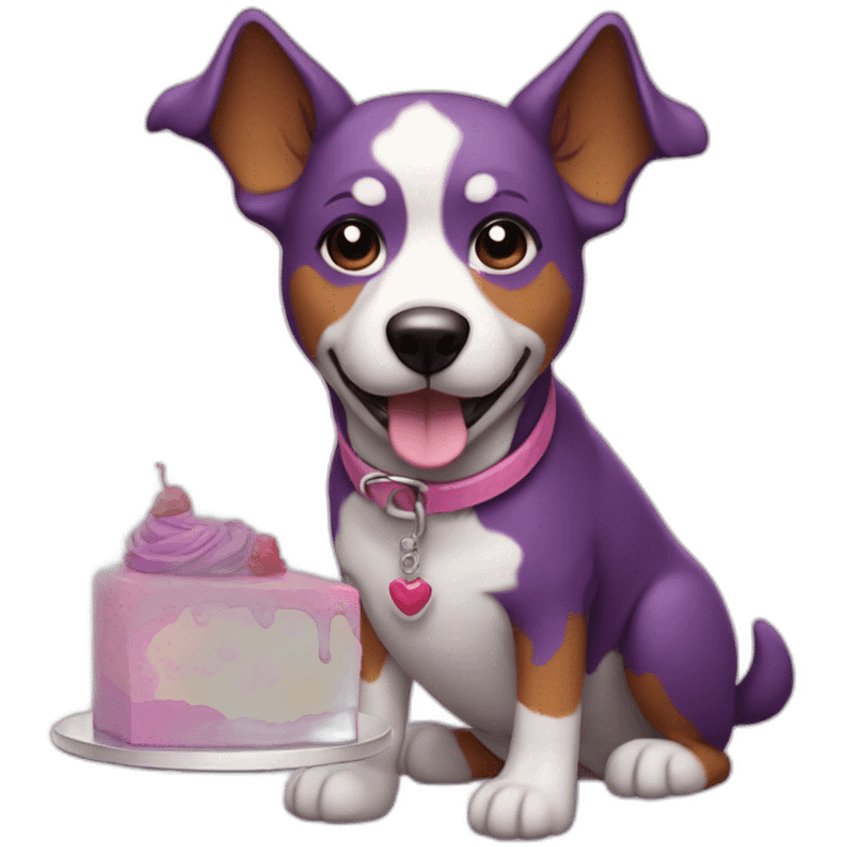 a purple dog with a brown nose and a pink collar with a bone eat cake emoji