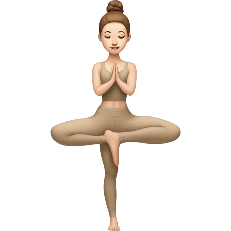 Pale skinned fit women in a beige tight yoga suit and wristbands with brown hair in a bun doing yoga emoji