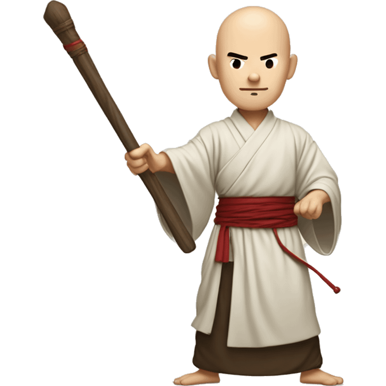 An illustration of a bald monk in traditional robes, mid-action, wielding a wooden staff. He strikes with precision, showing focus and strength. The style is cartoon-like, with a minimal background hinting at a temple or dojo emoji