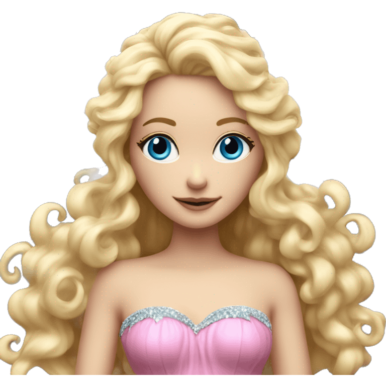 Fairy, a blonde hair with blue eyes and a pink dress with sparkly wings. White wings. The fairy has long and curly hair with a lot of volume emoji