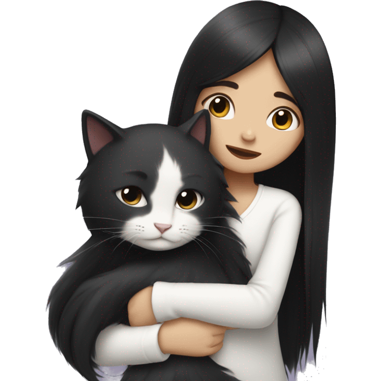 girl with very long black hair and  hugging a white cat emoji