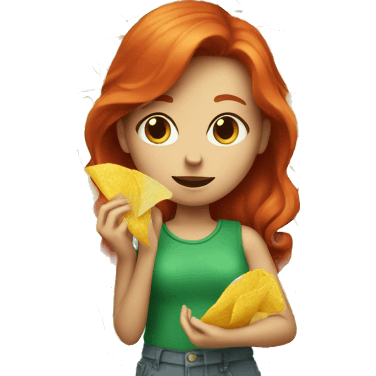 Red head girl wearing green and eating a bag of chips emoji