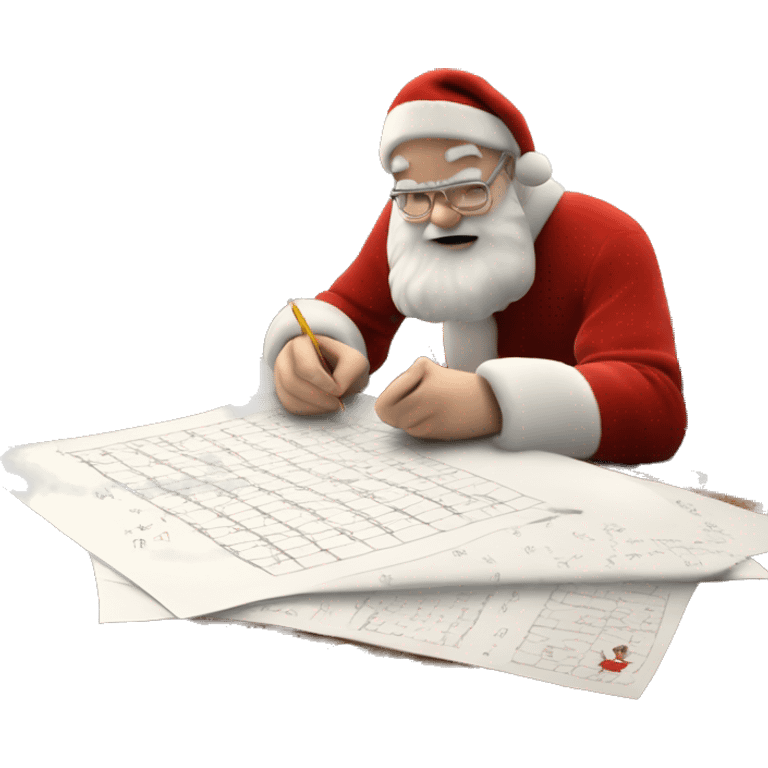 White Father Christmas is sitting on a desk, writing something down on a sheet of paper, solving complicated math puzzles, you can see the math tasks/ exercises emoji