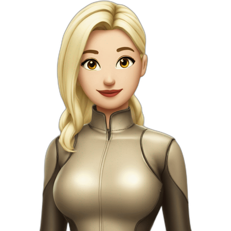 1 girl, leather suit, latex legwear, leather skirt, platinum blonde hair, ponytail, smirk, leather boots emoji