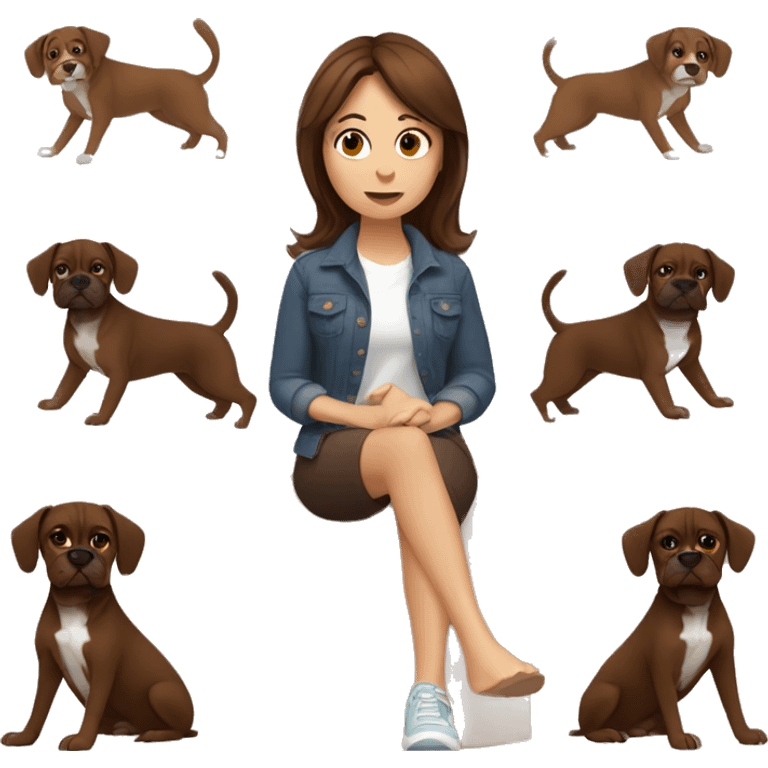 a wavy brown hair girl with two dark brown boxer dogs sitting emoji