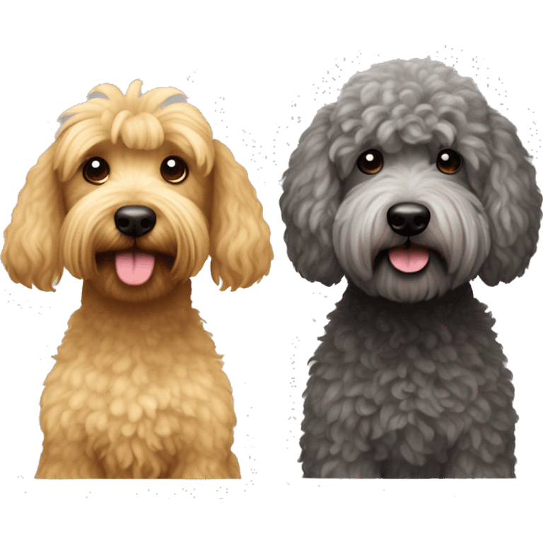 2 dogs, one is a dark grey whoodle with a poodle cut, the other is a wheaten terrier emoji