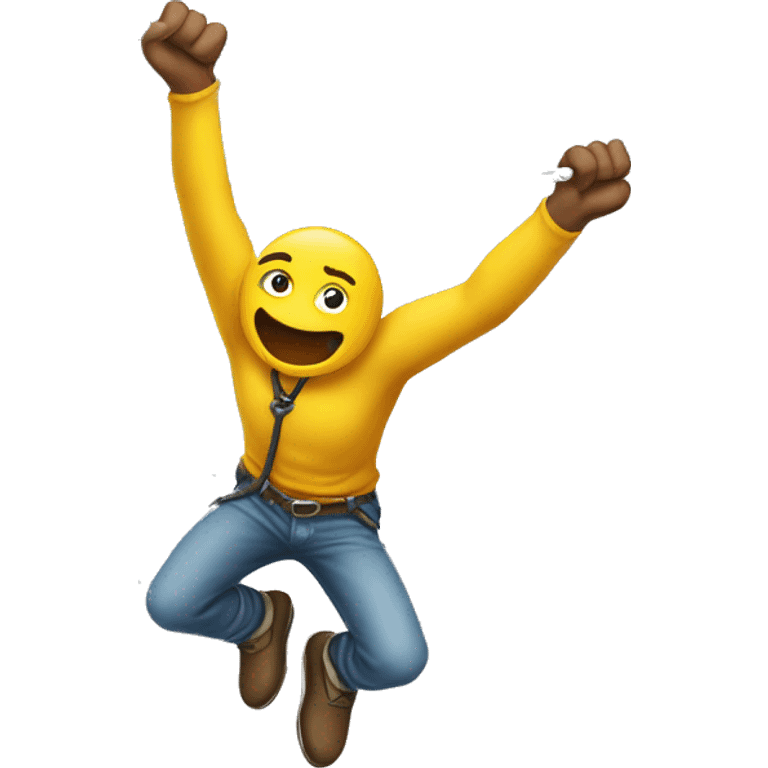 Yellow-skinned man emoji bungee jumping, arms out, rope tied to ankles. emoji