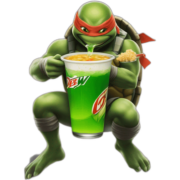 Mountain Dew ninja turtles with soup, eating on a high-rise emoji