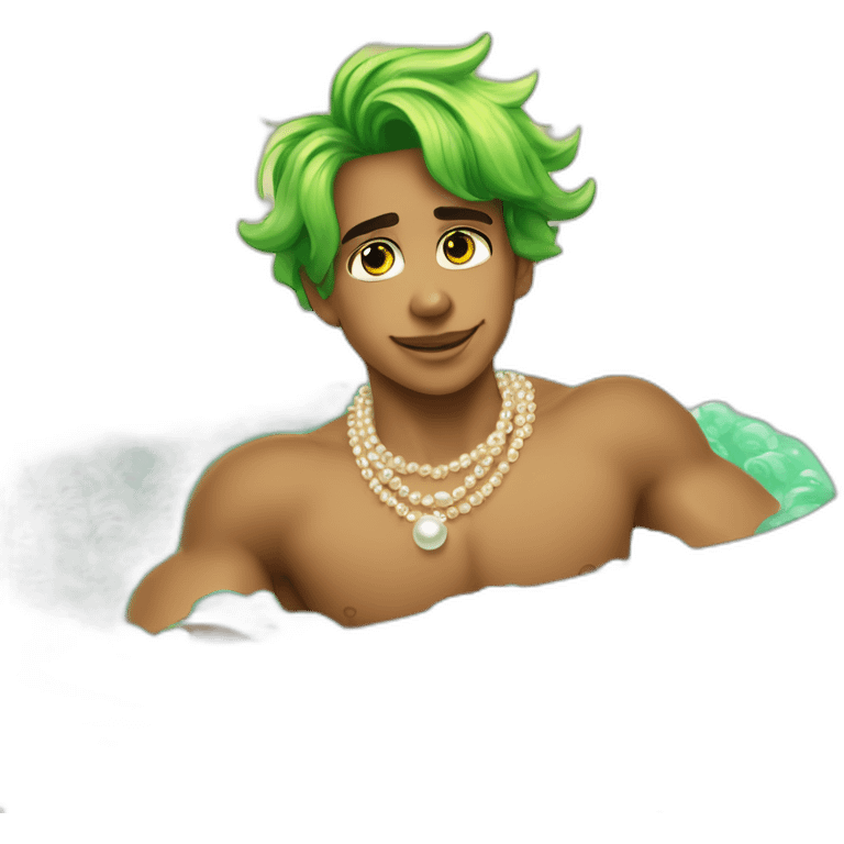 Posh-muscle-boy-green-eyes-rainbow-hair-pearl-necklace-in-golden-bathtub emoji