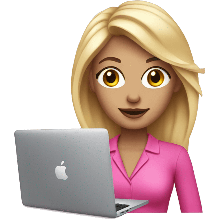 a blonde designer woman in pink clothes and with a pink macbook emoji