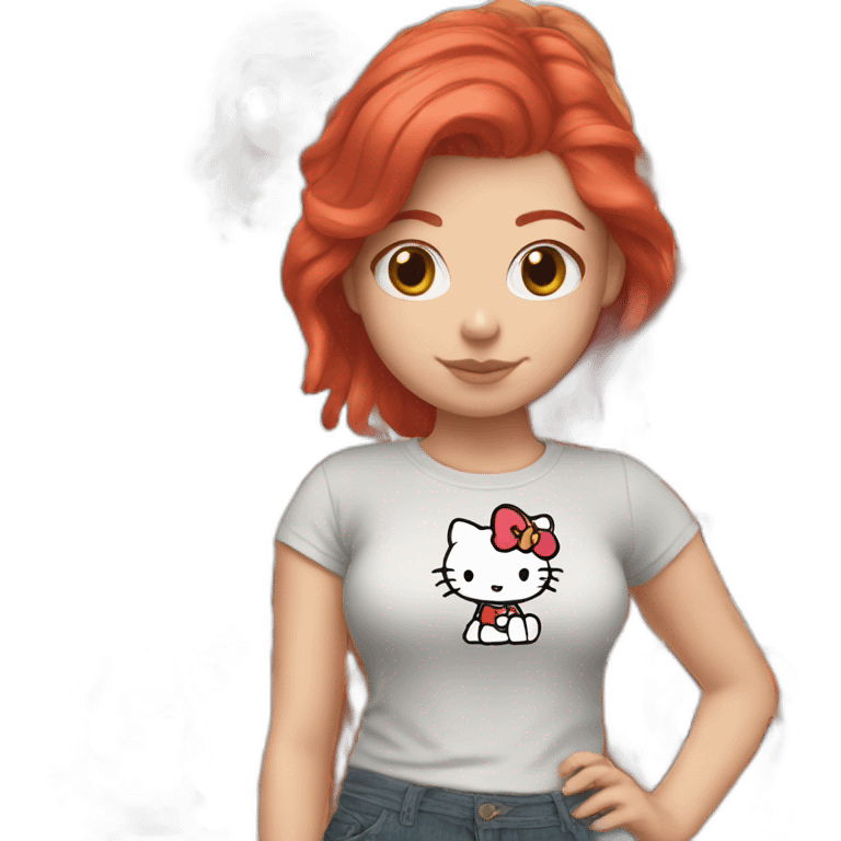 White girl with red hair, thick and short with a hello kitty t shirt emoji