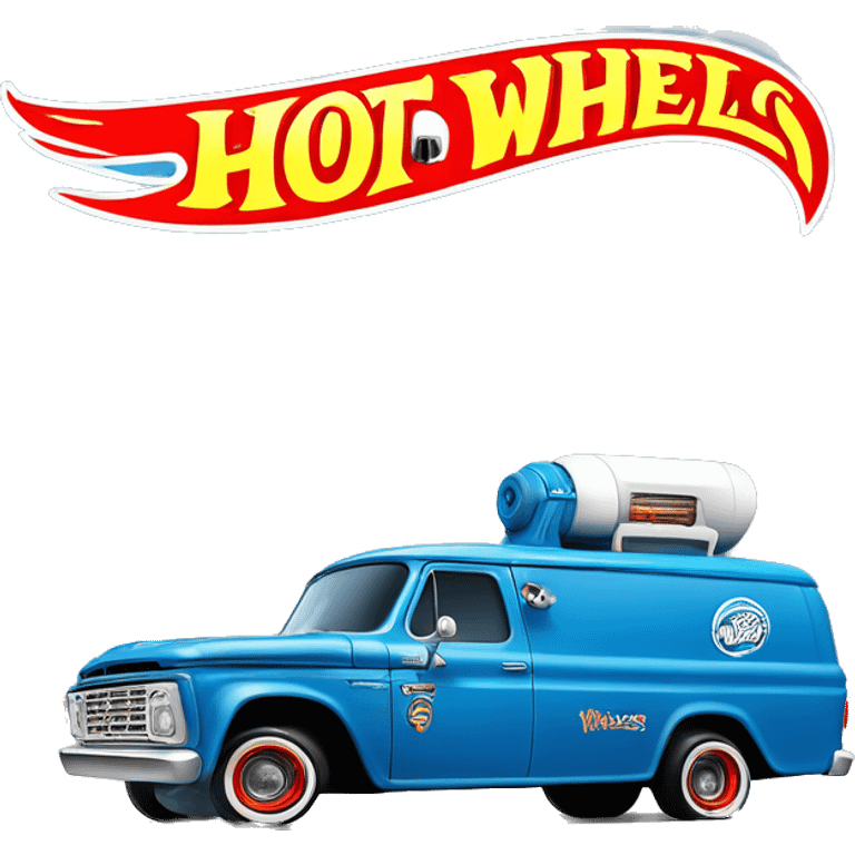 Side-on shot, Hot wheels, Hot rod, large panel van truck,1964 with exposed chrome exhaust pipes, blue, large wheels in back, logo “Stinky’s Diaper Cleaner” emoji