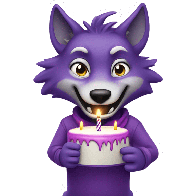 Purple, anthropomorphic wolf blowing out birthday candles emoji