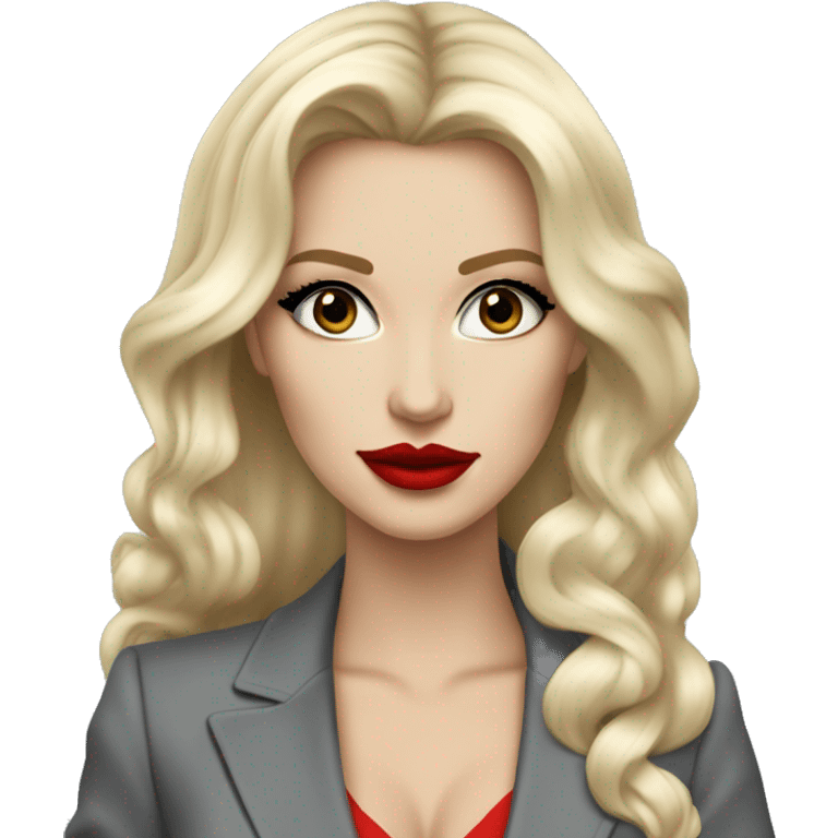 Russian Blonde long hair with big red lips small nose and black eyes Tiffany diamond seller in a grey suit emoji