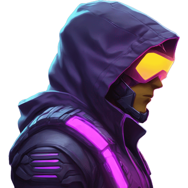 Side view developer behind his laptop with this style : crysis Cyberpunk Valorant neon glowing bright purple character purple violet black hooded assassin themed character emoji