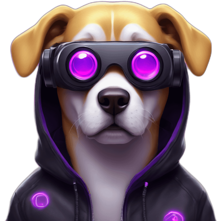 Russian dog wearing a black hoodie with "OMG" letters on it and VR headset in a cyberpunk VR environment with violet neon lighting. emoji