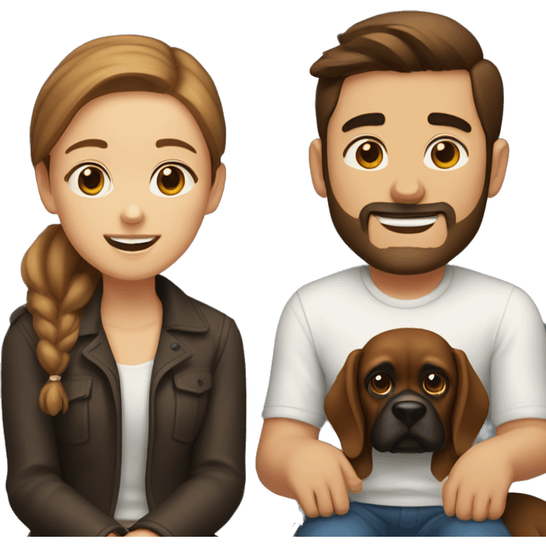 a girl with brown hair, and a man with short buzz brown hair with a beard, sitting with two dark brown boxer dogs emoji