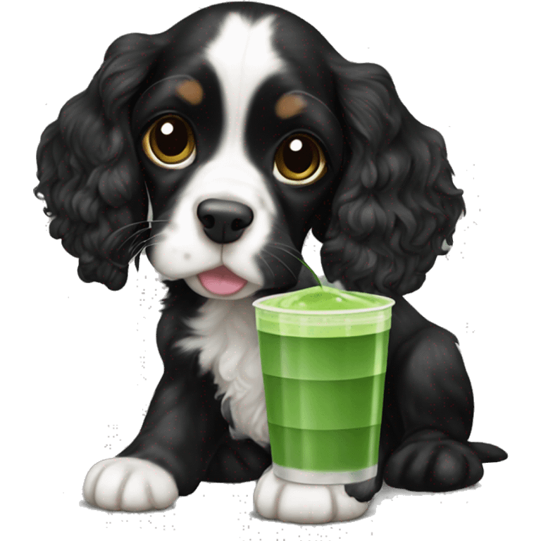 Black female cocker spaniel puppy drinking matcha emoji