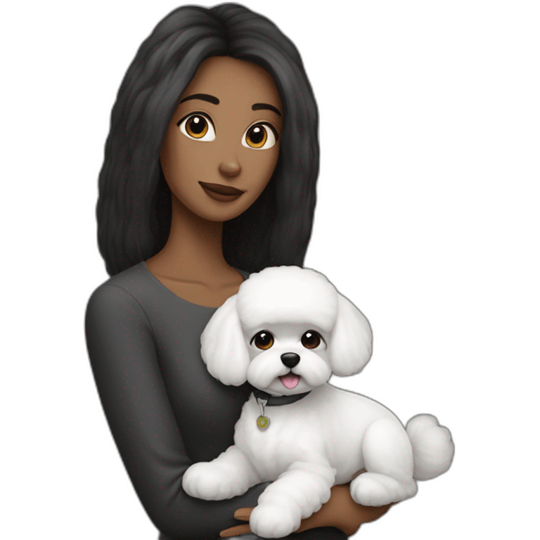 mujer pelo largo negro y perro bichon blanco emoji