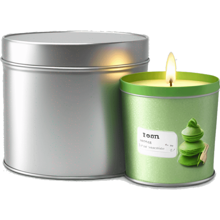 pretty matcha scented candle in silver tin with label realistic emoji