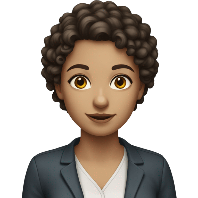 young female teacher with dark brown curly hair and blue eyes. No glasses. emoji