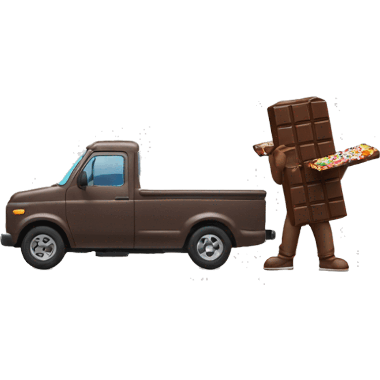 guy eating chocolate bar filming a truck emoji