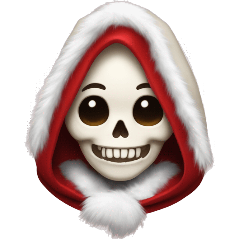 Cute, happy young skull wearing a red velvet hood with white fur trim. emoji