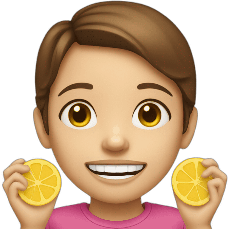 a girl with brown hair with two yellow crisps instead of her 2 front tooth emoji