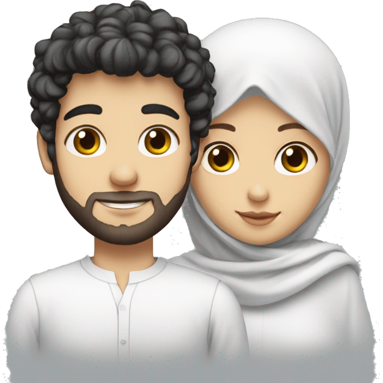 young white European guy with a white shirt and curly black hairs with girl wear hijab emoji