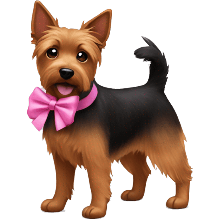 Brown and black Australian terrier dog wearing a pink bow around neck emoji