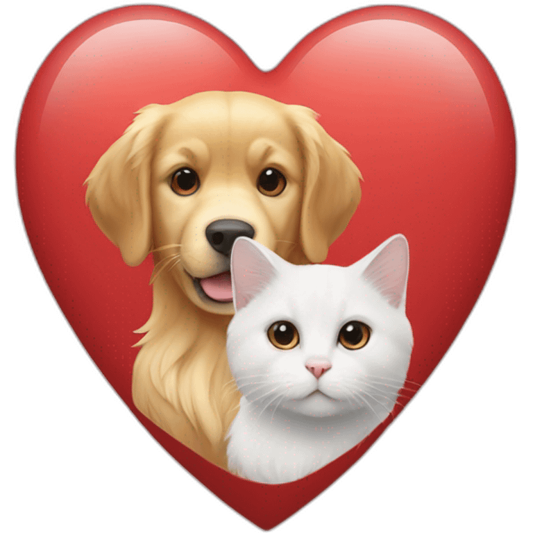 A Golden retriever, a white cat and a dark grey cat in a red heart emoji