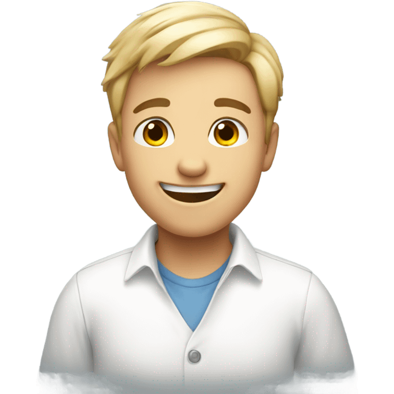 smiling boy in white shirt saying hi  emoji