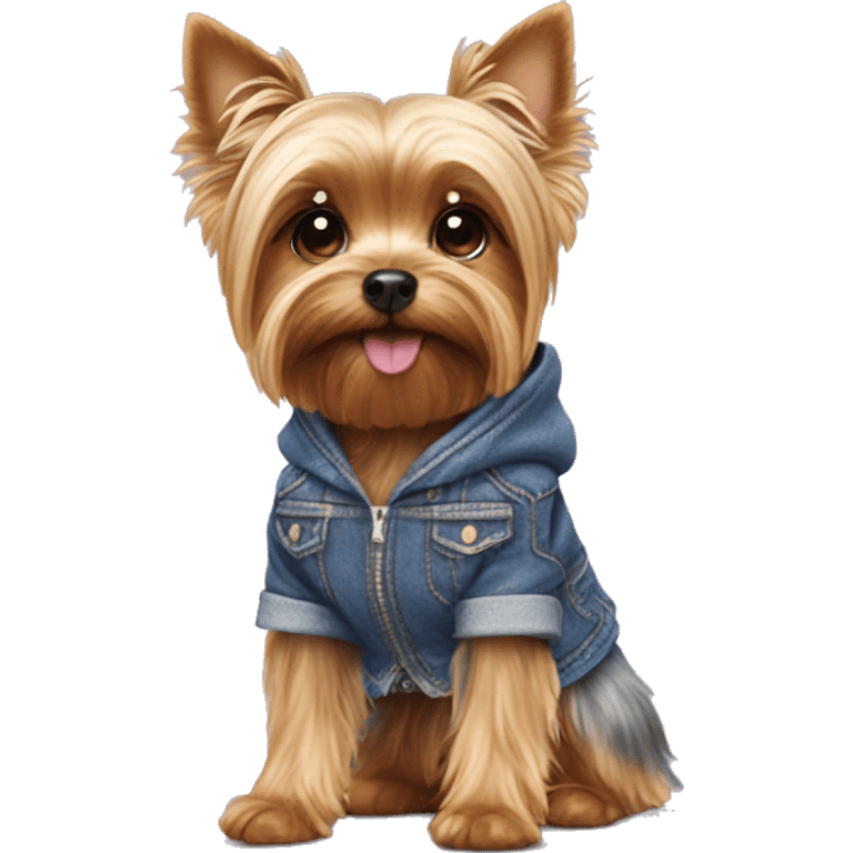 Yorkshire terrier wearing a denim skirt and pink hoodie emoji