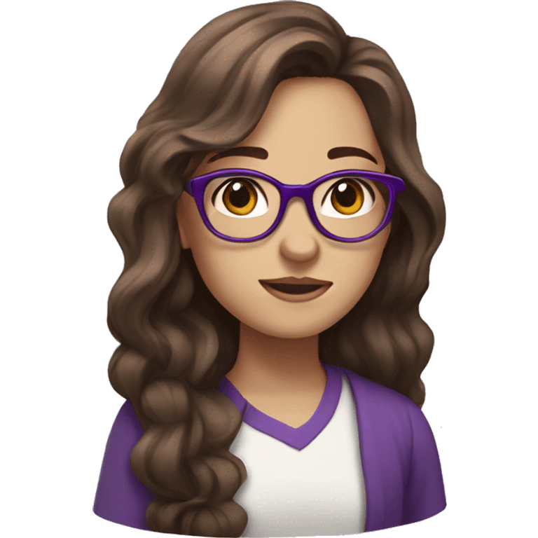 Girl who has brown hair and purple glasses, long wavy hair, white skin emoji